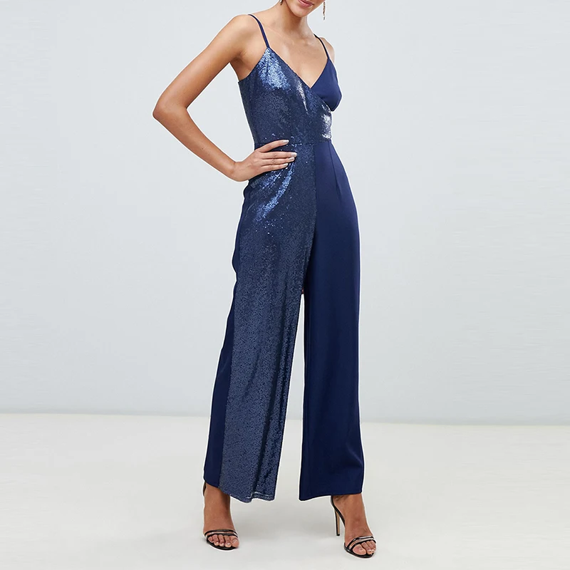 HYH Haoyihui Simplicity Commute V collar Sequins Splicing Navy Blue Broad-legged Slim Rompers Women's Sleeveless Jumpsuits