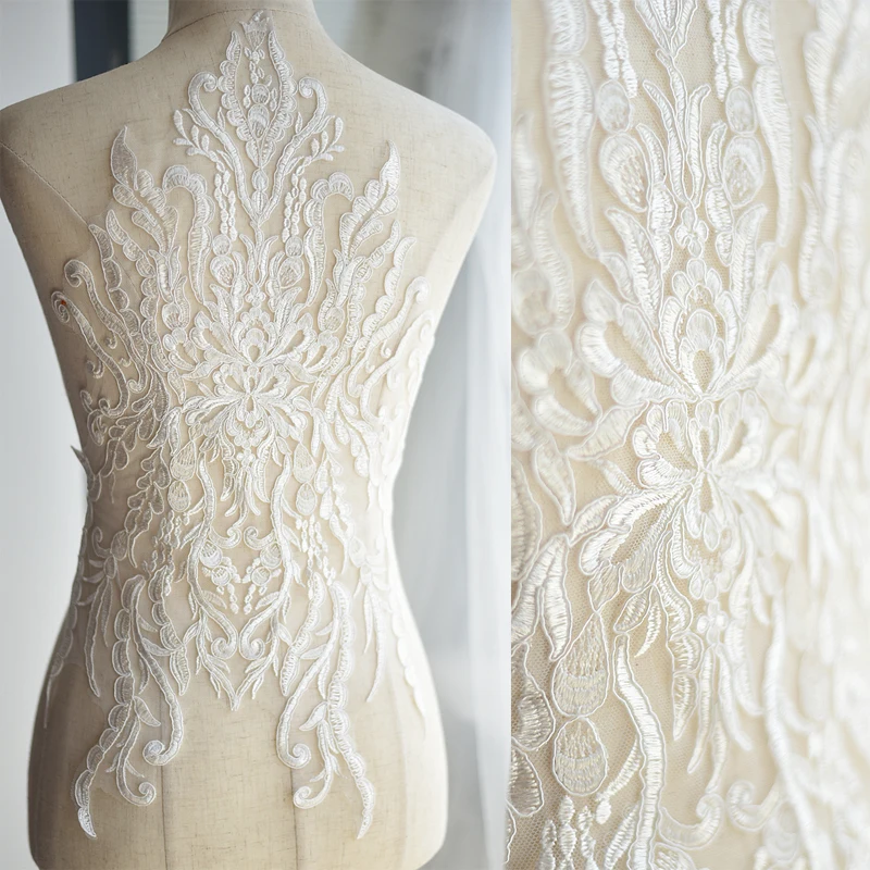 

Exquisite Wedding Lace Applique in Ivory , Illusion Bridal Veil Applique for Wedding Gown Back , Bridal Dress Decor, Bodice