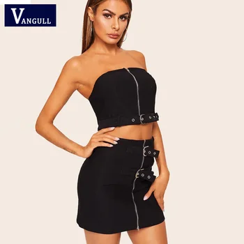 

Vangull Sexy Solid Two Pieces Camis Skirt Set Women Off The Shoulder Zipper Tops Mini Skirt Suits 2019 New Bodycon 2 Piece Set