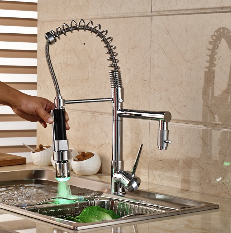 Deck Mounted LED Chrome Brass Kitchen Faucet Double Sprayer Sink Mixer Tap Single Handle