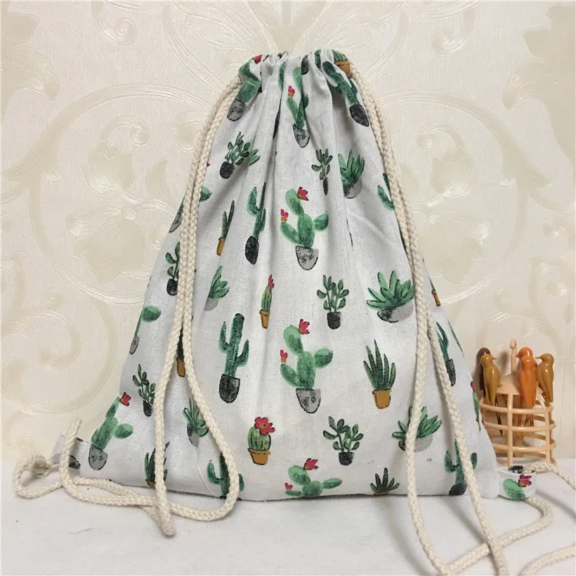 YILE Cotton Linen Drawstring Eco Backpack Student Book Bag Print Potted Cactus B8503-5 2