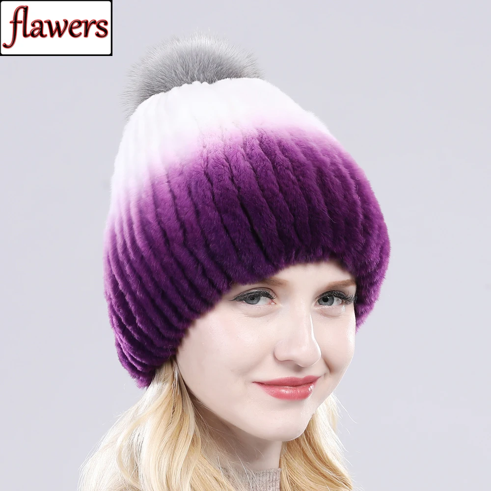 

2019 Lady Real Rex Rabbit Fur Hat 100% Real Rex Rabbit Fur Cap Fox Fur Pom poms Knitted Real Genuine Rex Rabbit Fur Beanie Hats
