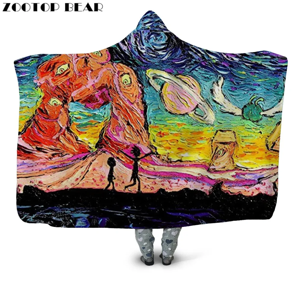 

Colorful Oil Painting Hooded Blanket for Adults Sherpa Fleece Rick and Morty Microfiber Wearable Blanket on the Bed Sofa