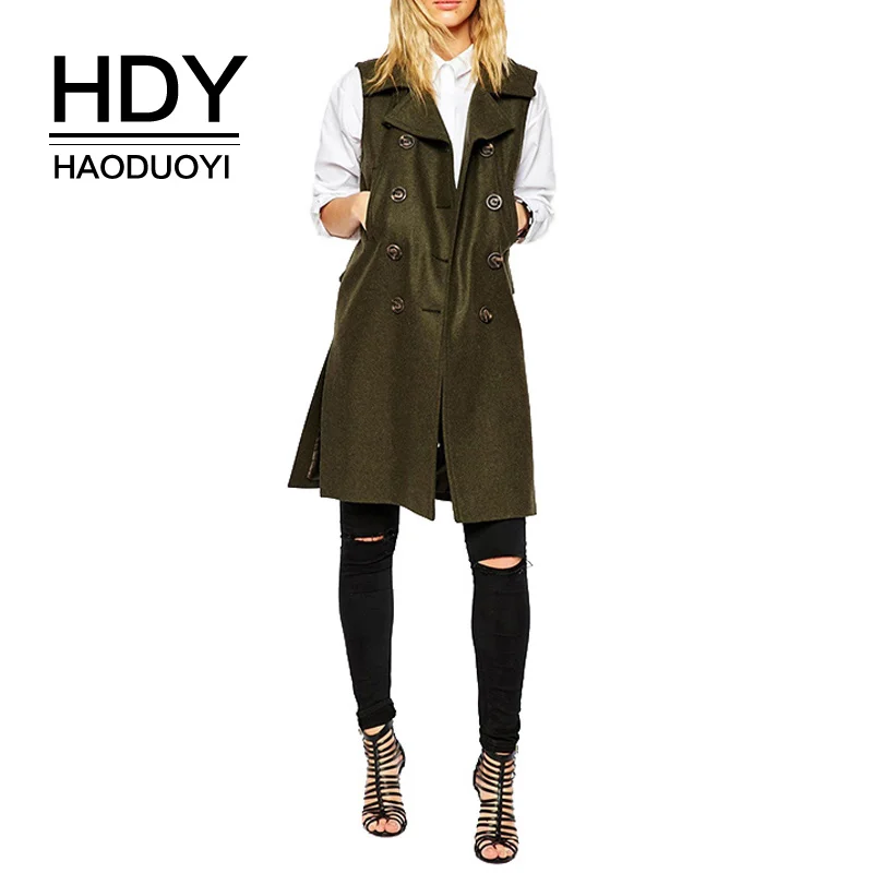 HDY Haoduoyi Long Casual Vests Female Army Green Turn down Collar 2019 Double Breasted Pocket