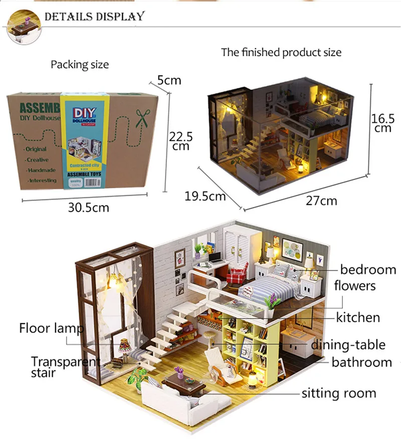 Skup Drewniana duża lalka dom nowoczesne miasto loft dzieci domowe zabawki diy miniaturowe lalki domek z drewna zestaw meble lampa łóżko zabawki dla dzieci