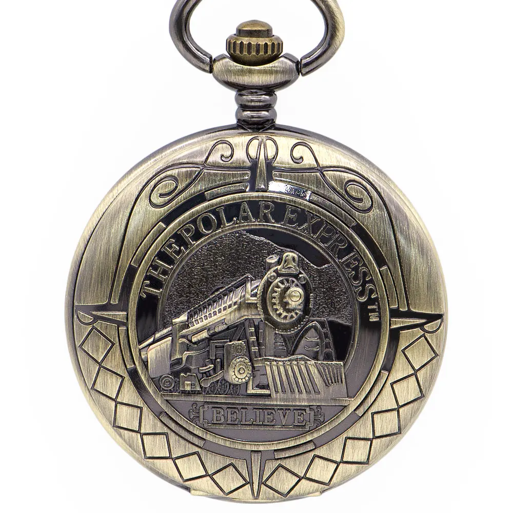 

5pcs Vintage Bronze Steampunk Pocket Watch Mechaincal Fob Watches Necklace Train Logo Carving Chain Men Women Watches