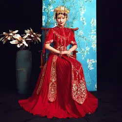 Красный дракон феникс платье с вышивкой Формальные Китайский стиль Свадебные Qipao платье Чонсам с длинным рукавом Винтаж восточные платья