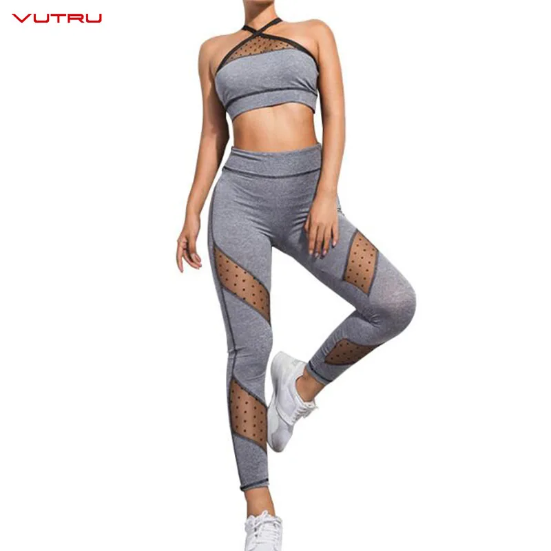 

2PCS Women Yoga Bra+Pants Sexy Fitness Yoga Set Mesh Sports Suit Patchwork Slim Sportswear Running Strap Top Yoga Leggings Girls