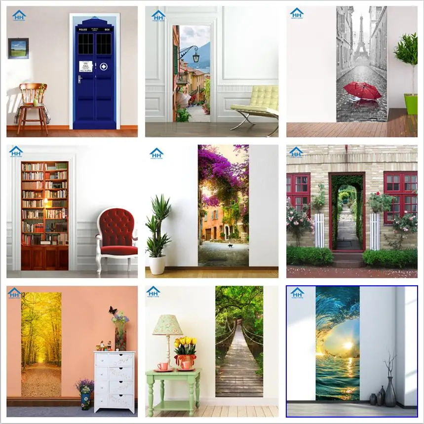 

77*200CM 3D View Door Stickers Self adhesive School Dorm Room Sticker Decor Waterproof Maple Road PVC Wallpaper Mural DIY Decal