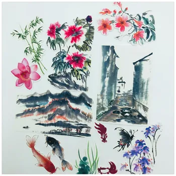

16pcs Hand Drawing Chinese oil painting sticker dry glue Notebook Planner DIY thin Paper Sticker