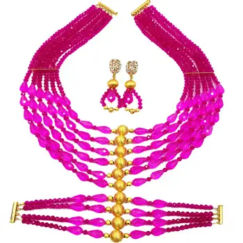 

Latest Hot Pink Crystal Beaded Costume African Jewelry Set for Nigerian Beads Necklac Party Jewelry Sets 6C-XSD011