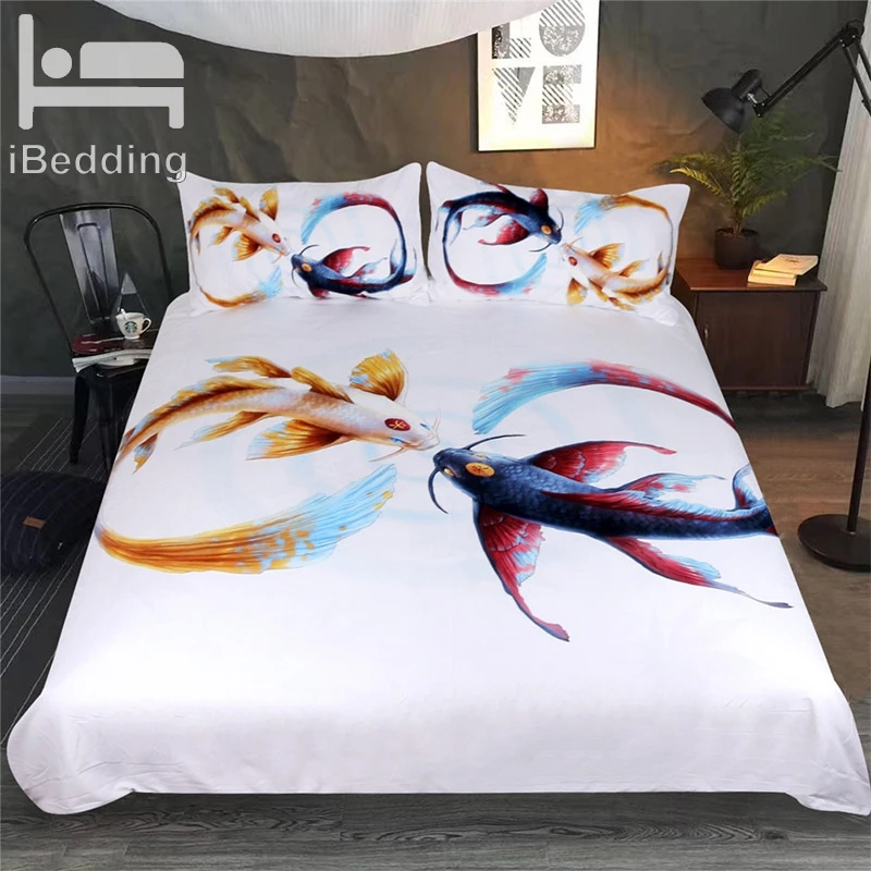 

3Pcs/Set Flying Fish Comforter Bedding Set Duvet Cover Set Golden and Blue Bed Cover Fishes Printed Quilts Bedclothes