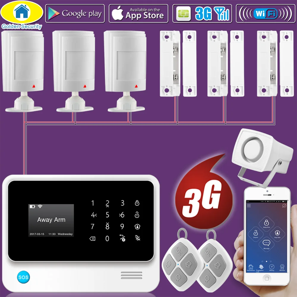

Golden Security DIY G90B Plus+ 3G GSM WCDMA WIFI IOS Android APP Control Home Security Smart House Wired Alarm System