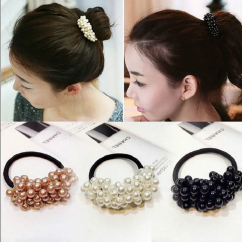 

Women Hair Accessories Pearls Beads Headbands Ponytail Holder Girls Scrunchies Vintage Elastic Hair Bands Rubber Rope Headdress