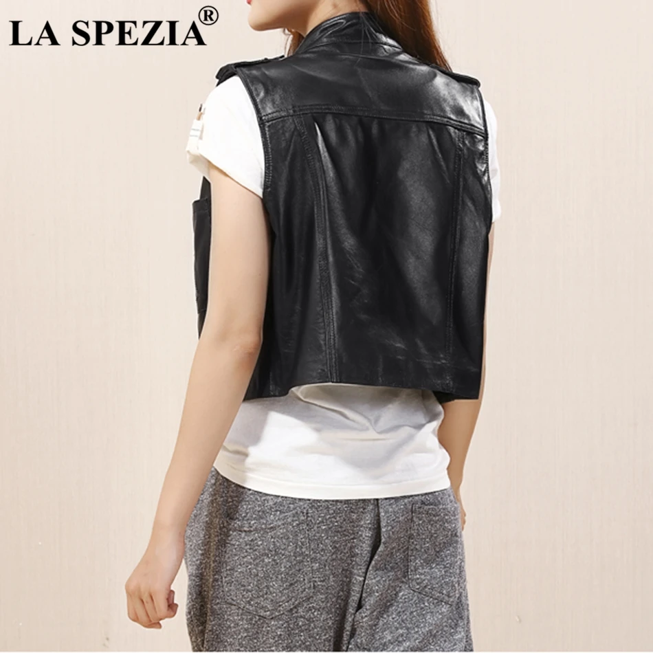 LA SPEZIA Black Vest For Women Biker Genuine Leather Waistcoat Ladies Zip Street Motorcycle Punk Sheepskin Solid Spring Jackets