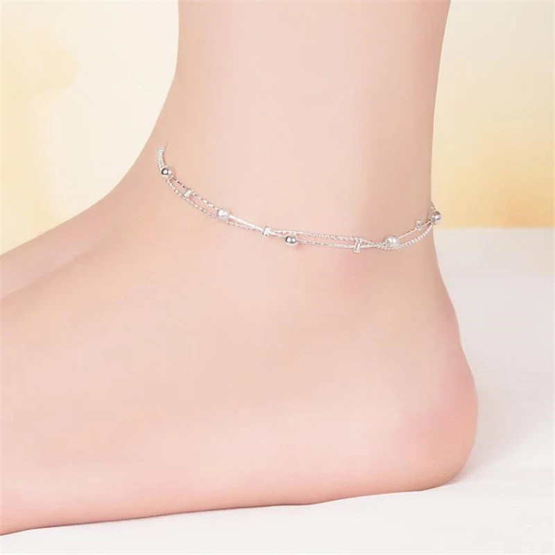 

ONEVAN Fashion Foot Jewelry For Women 925 Sterling Silver Chain Link Anklet Beaded Summer Beach Ankles Foot Bracelet Wholesale