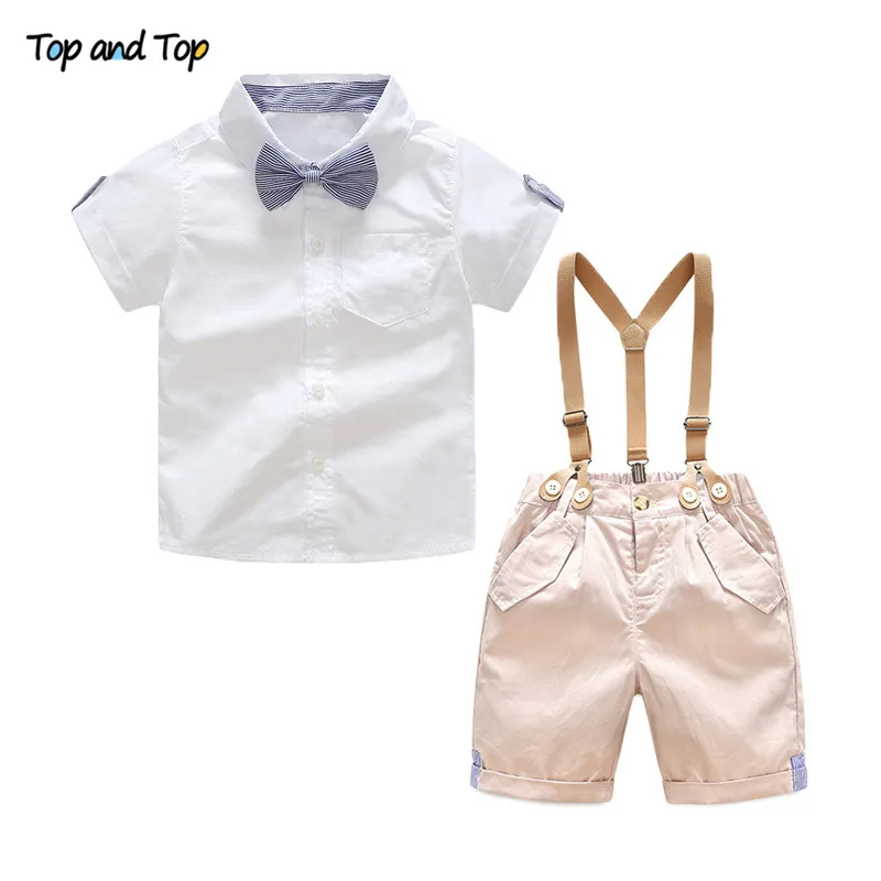 Топ и топ, летние комплекты одежды для маленьких мальчиков рубашка с короткими рукавами и галстуком-бабочкой+ шорты на подтяжках, штаны деловые костюмы для джентльменов