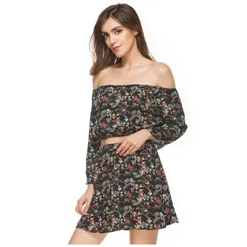

Summer Women Shivering Dress Girl Slash Neck Mini Dress Off Shoulder Two Piece Set Floral Print Tops+Skirt Dress Set