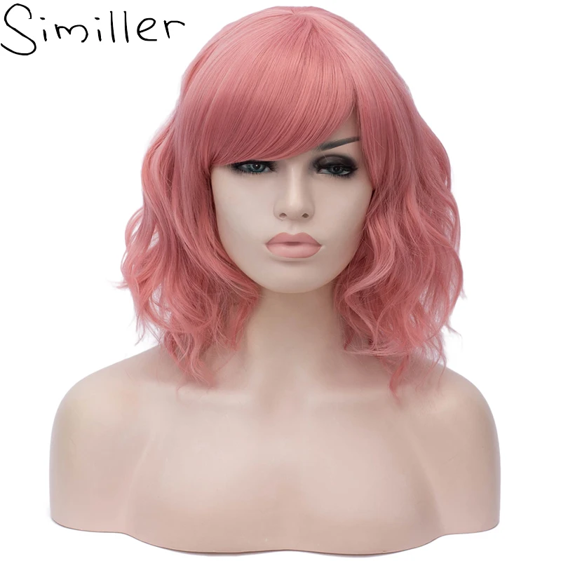 

Similler Pink Short Synthetic Wig for Women Water Wave Hair Cosplay Wig with Bangs 12 Colors Available Black Blue Red White