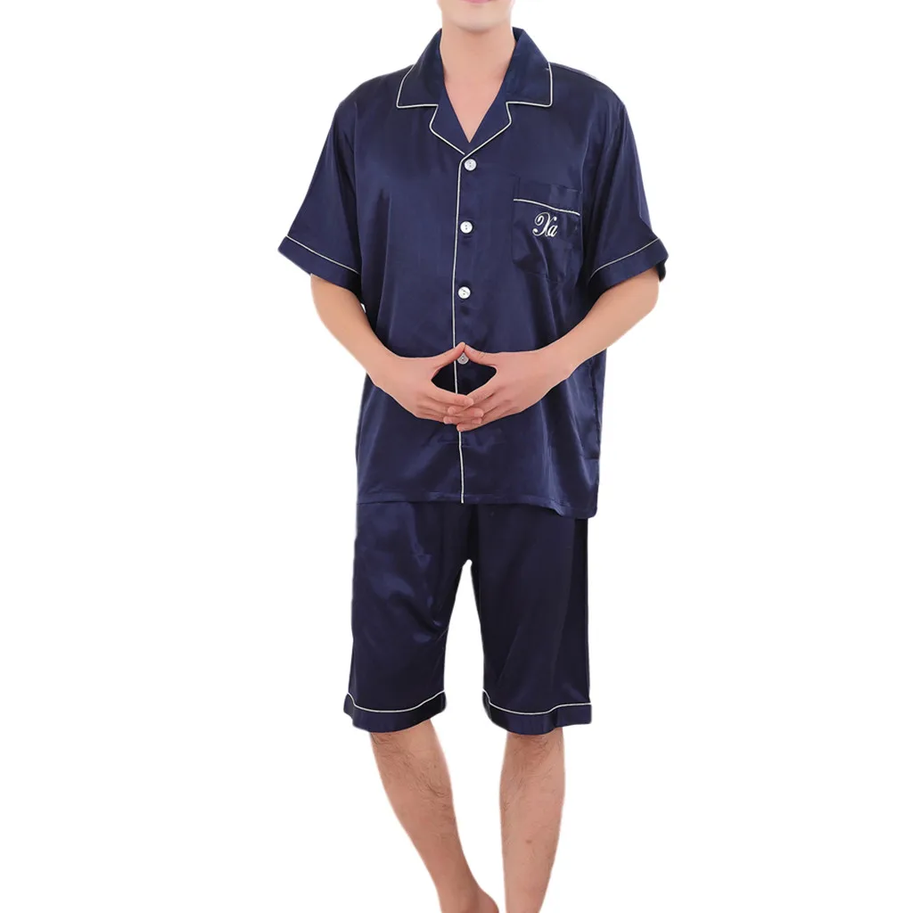 Men's Casual pijama hombre Spring Pure Color sleepwear men Home T-shirt& Shorts Male Pyjamas Set vetement - Цвет: Синий