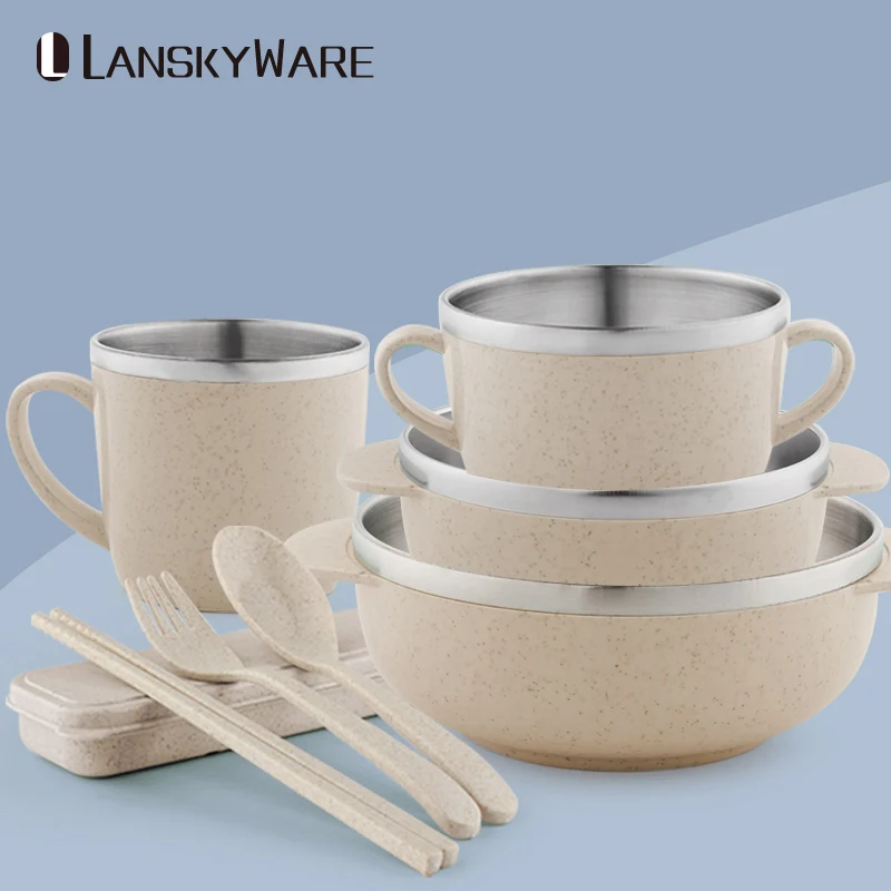 Portable 304 Stainless Steel Tableware Set With Eco-Friendly Wheat Straw Kitchen Dinnerware Set For Kids Cutlery Dinner Set