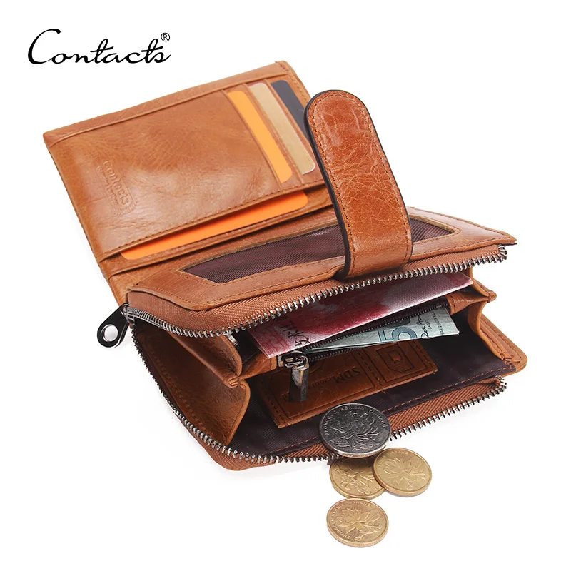 

CONTACT'S Genuine Leather Men Wallet Zipper & Hasp Short Wallets With Coin Pocket Card Holders Man's Purse Male Walet Luxury