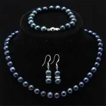 

Women Gift word Love women Fashion Jewelry 2015 7-8mm Black Akoya Pearl Necklace Bracelet Earring 1 Set Fashion Jewelry Set Natu