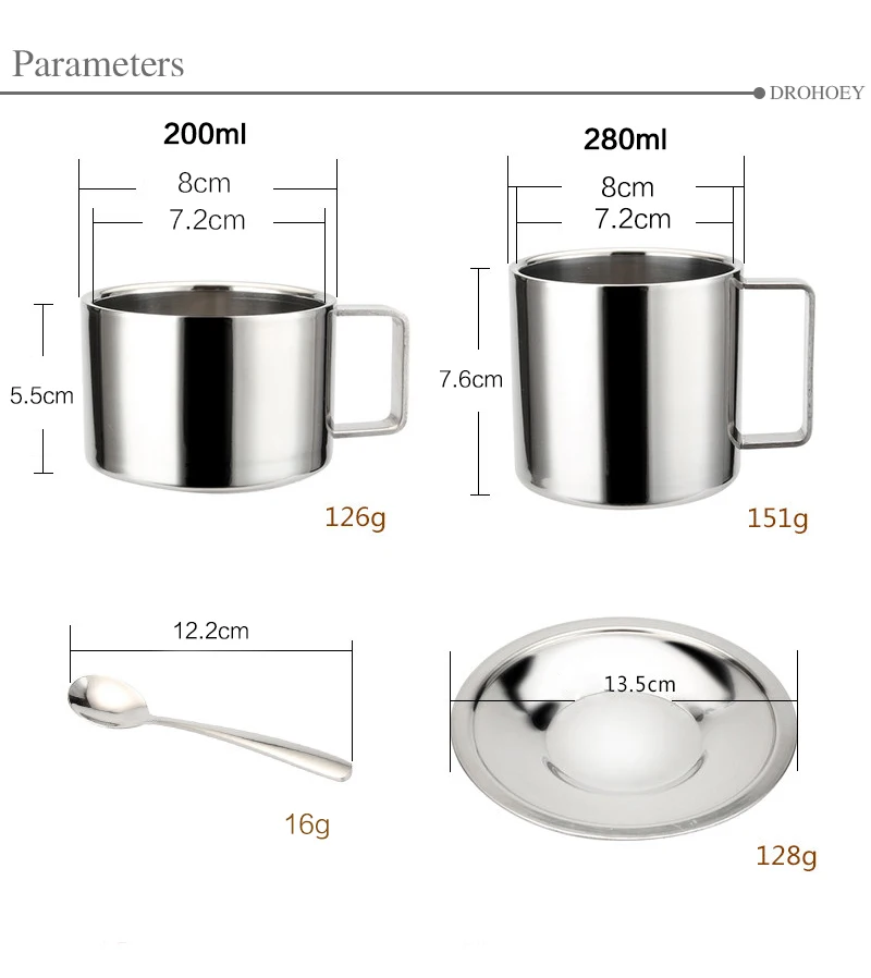 Чайная кофейная кружка из нержавеющей стали, чашки с двойными стенками, изолированная кофейная чайная чашка с блюдцем, ложка, набор для кофе, чая, молока, домашняя кухня
