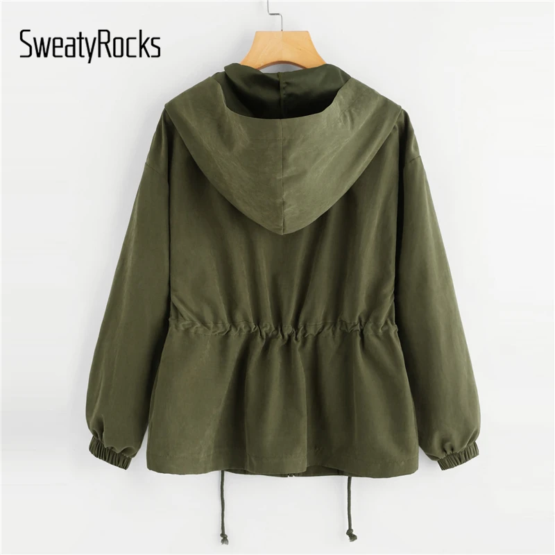 SweatyRocks Весна Осень Мода шнурок талии куртка с капюшоном на молнии ветровка повседневное Длинные рукава пальто простая верхняя одежда