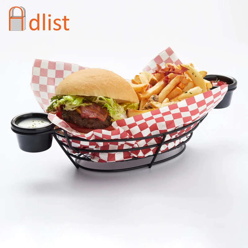 

Fast Food Basket Hamburger Tray French Fries Serving Bread Holder with 2pcs seasoning Cup Chicken Snack Storage Tray Bar Black