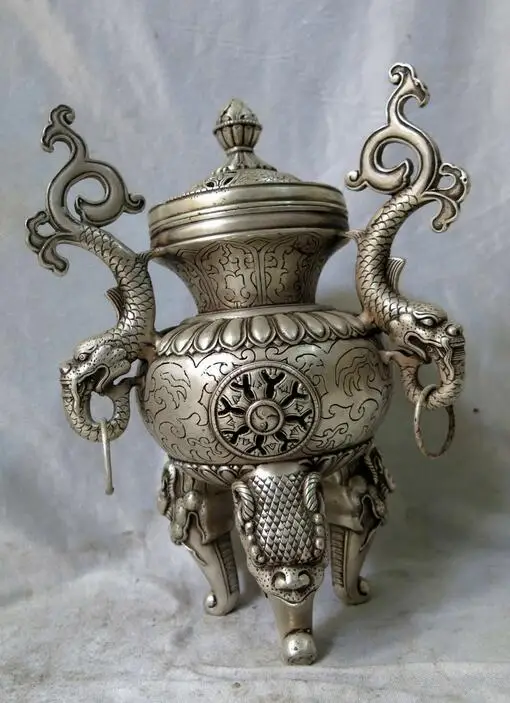 Fine silver censer China carved lucky two Dragon sculpture incense burner Statue | Дом и сад