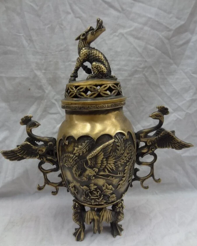 

song voge gem S4572 12" Tibet Bronze Buddhism Kylin Peacock Phoenix Statue Incense Burner Censer