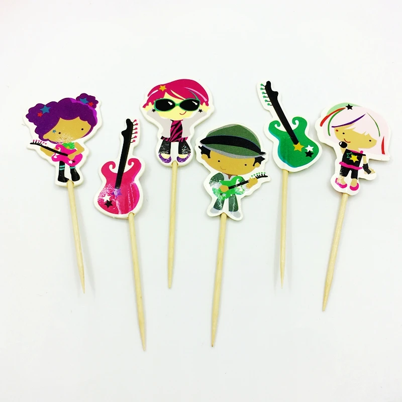 

24pcs Music Guitar Boy Girl Band Cupcake Toppers pick Kids Birthday Wedding Concert Party Decoration Supplies Cartoon Cake Flags