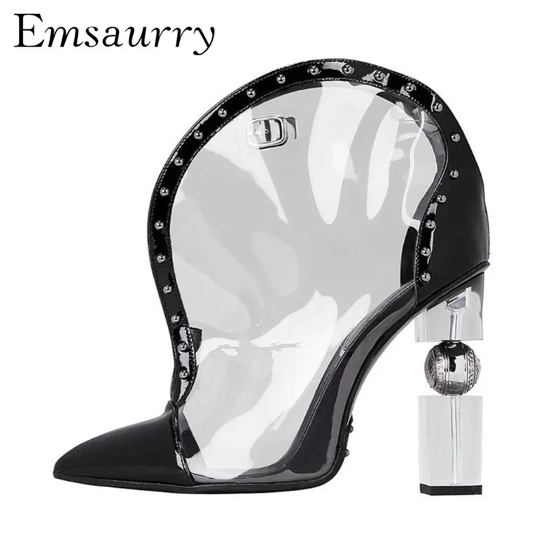 

Novelty Clear PVC Transparent Runway Botas Mujer Building Block Strange Heel Point Toe Buckled Rivet Ankle Boots Women
