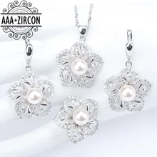 Натуральное Серебро 925 жемчужный костюм Свадебные Ювелирные наборы для женщин серьги с камнями кулон и ожерелье кольца набор ювелирных изделий Подарочная коробка