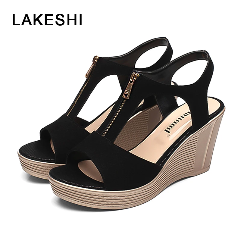 

LAKESHI Women Sandals Wedge Sandals Platform Zip Summer Women Shoes Black Peep Toe Ladies Sandals 2018 Women Shoes Big Size 43