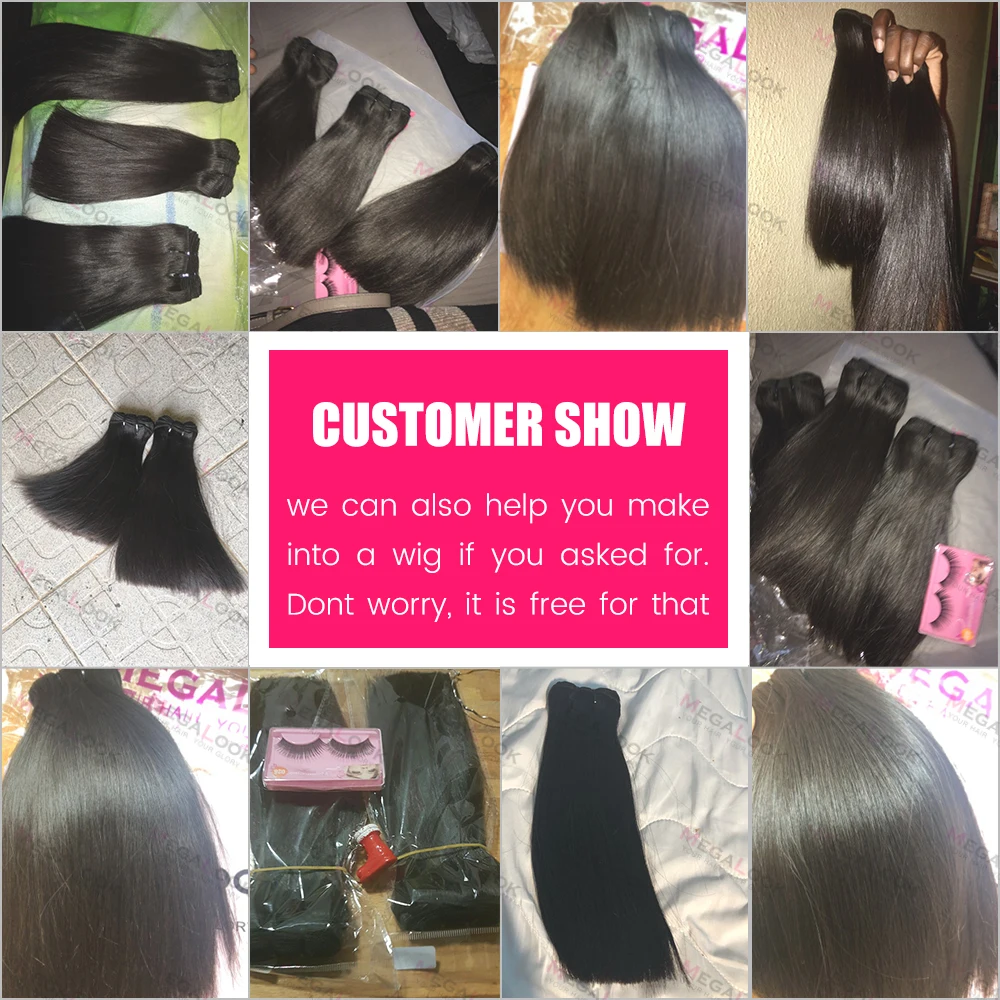 Super Double Drawn Hair Brazilian Raw Virgin Unprocessed Straight Human Hair Bundles with Closure 100% Hair Weave Megalook