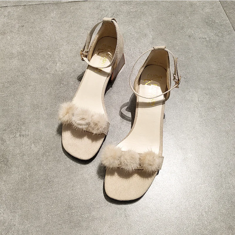 

new word buckle sandals female fairy wind high heels summer thick with gentle fashion hair ball women's shoes sandalias mujer
