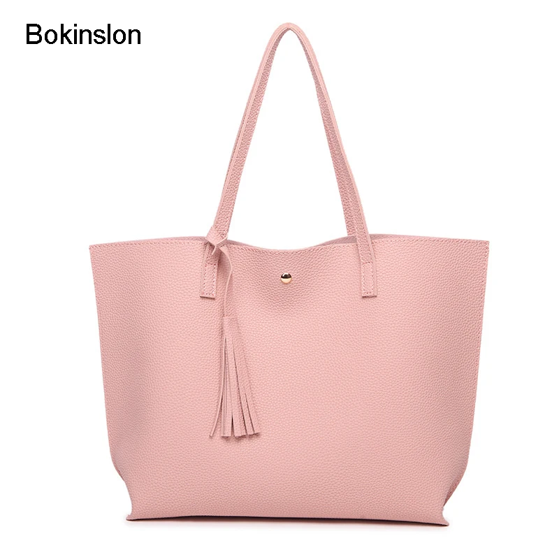 Bokinslon Tassel Handbags Woman PU Leather Large Capacity Female Shoulder Bags Solid Color Practical Women Corssbody
