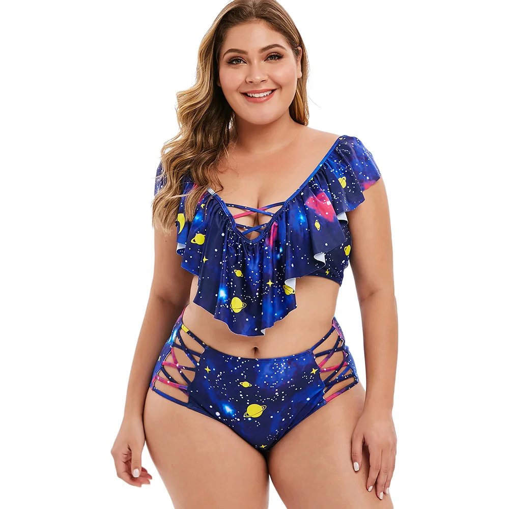 

Rosegal Plus Size Bikini Flounces Planet Star Moon Print Tankini Set Summer V Neck Lace Up Swimsuit Padded Swimwear Women 2019