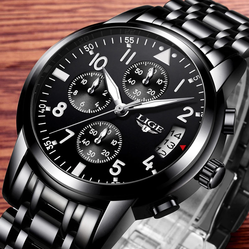 

relogio masculino LIGE Mens Watches Top Brand Luxury Fashion Business Quartz Watch Men Sport Full Steel Waterproof Black Clock