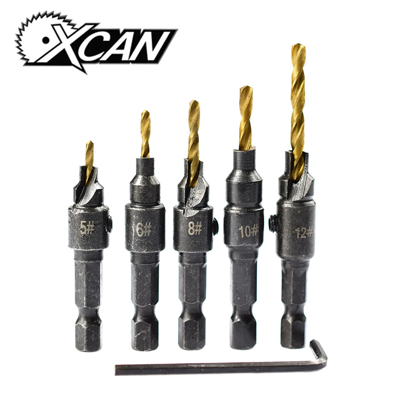 

XCAN 6pcs HSS Steel Countersink Drill Bit 5/6/8/10/12 Woodworking Screw Hole Drill Bit Wood Drill Bit