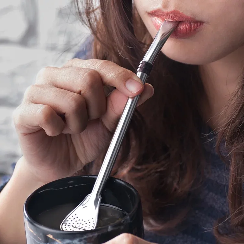 

304 stainless steel straw spoon horse spoon spoon gold-plated creative dual-use leaking spoon stirring coffee spoon long handle