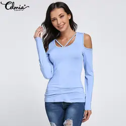 Сексуальные Blusas Celmia Для женщин с длинным рукавом с плеча блузки Повседневное рубашки женские Slim Fit сплошной плюс Размеры топы Женская