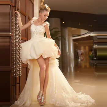 

Short Wedding Dress Ball Gown Court Train Beaded Flower Beaded Ruffles Pleat Bride Dress Sweet Short In Front Long Wedding Gown