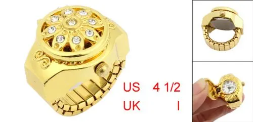 Круглый Циферблат Кристалл цветок Декор эластичный ремешок палец кольцо часы золотой тон для леди