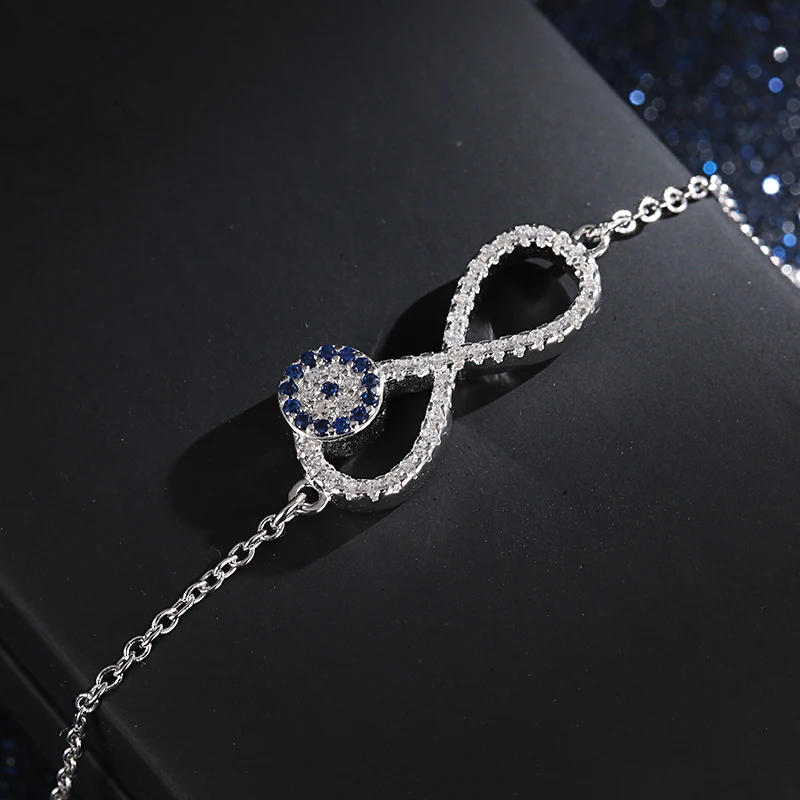 ELESHE 925 Sterling Silver Chain Link Women Bracelet Bangle Blue Rhinestone Lucky Eye&Infinity Charm Bracelet for Women Jewelry