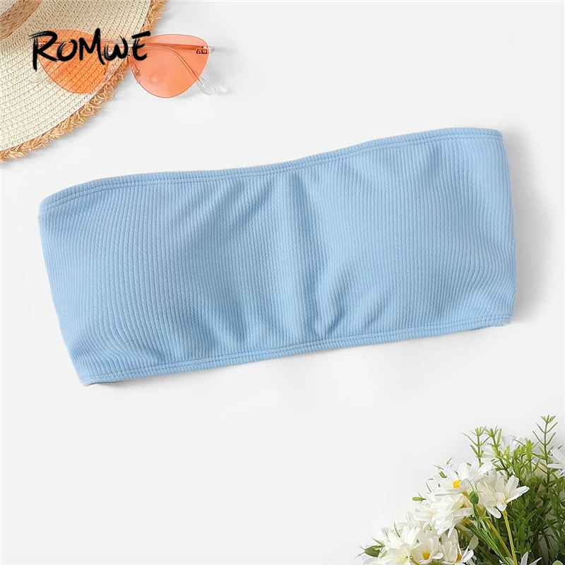 

Romwe Sport Bikinis Solid Elastic Bandeau Swimming Top Women Summer 2019 Wire Free Padded Sexy Cute Beachwear Bras 4 Colors