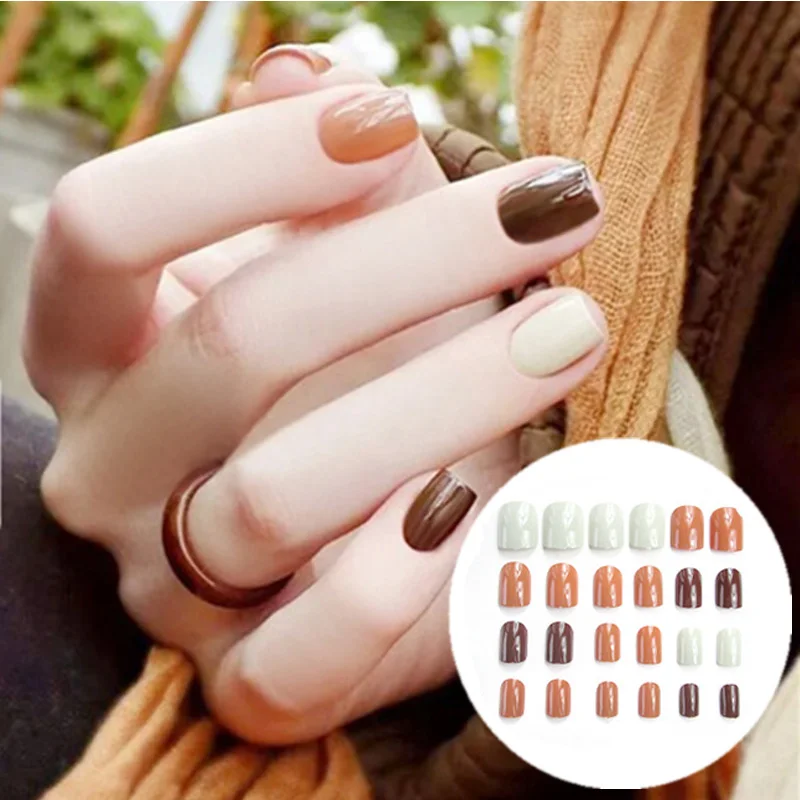 

24Pcs Solid Plain Color Glitter Acryli Nail Tips Round Square Full Cover False Nails Tip Finished Manicure Nail Stickers