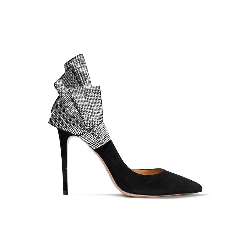 Женские туфли-лодочки на высоком тонком каблуке с рюшами и стразами; классические черные туфли с острым носком; женские элегантные слипоны со стразами; zapatos mujer